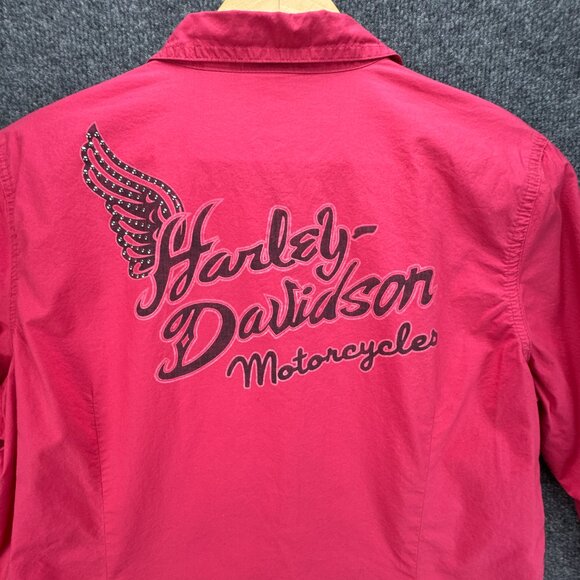 Harley Davidson Shirt Womens Large Pink Pearl Snap Embroidered Studded Bikercore - Picture 7 of 16